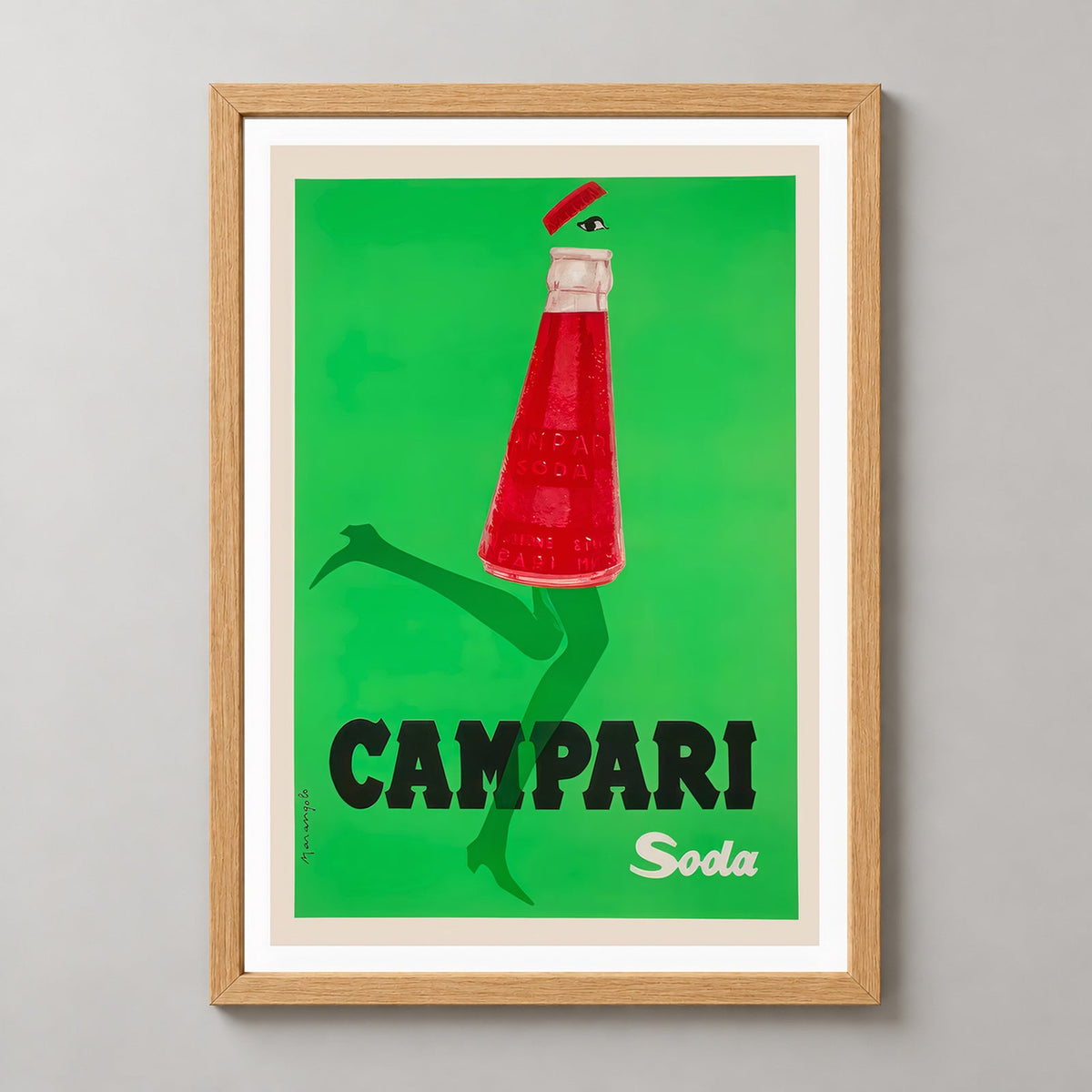 Campari Poster - Red bottle running, with green legs - Vintage Advertising Poster — realistic natural wood frame studio view