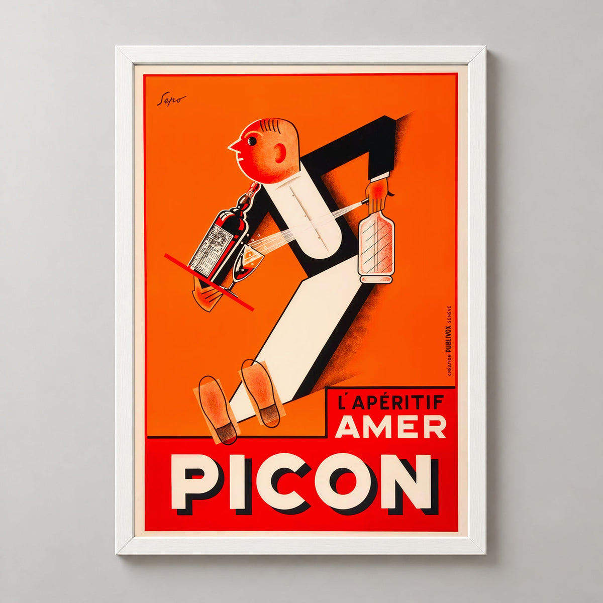 Amer Picon Waiter Vintage Advertising Poster - French Aperitif Art Print — realistic white frame studio view
