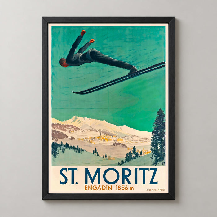 St. Moritz Engadin Switzerland Vintage Aerial Ski Poster