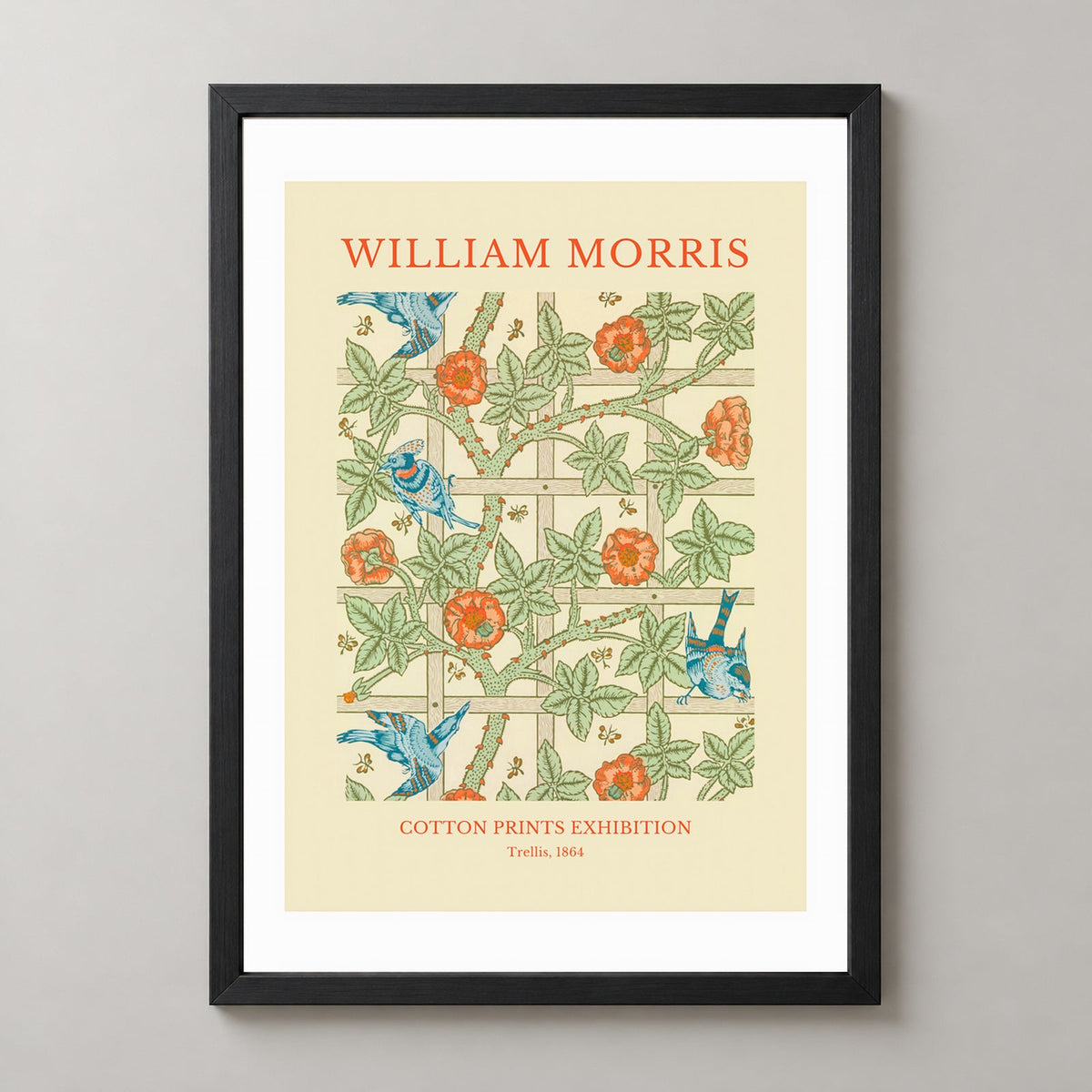 William Morris - Cotton Prints Exhibition, Trellis (1864) — realistic black frame studio view