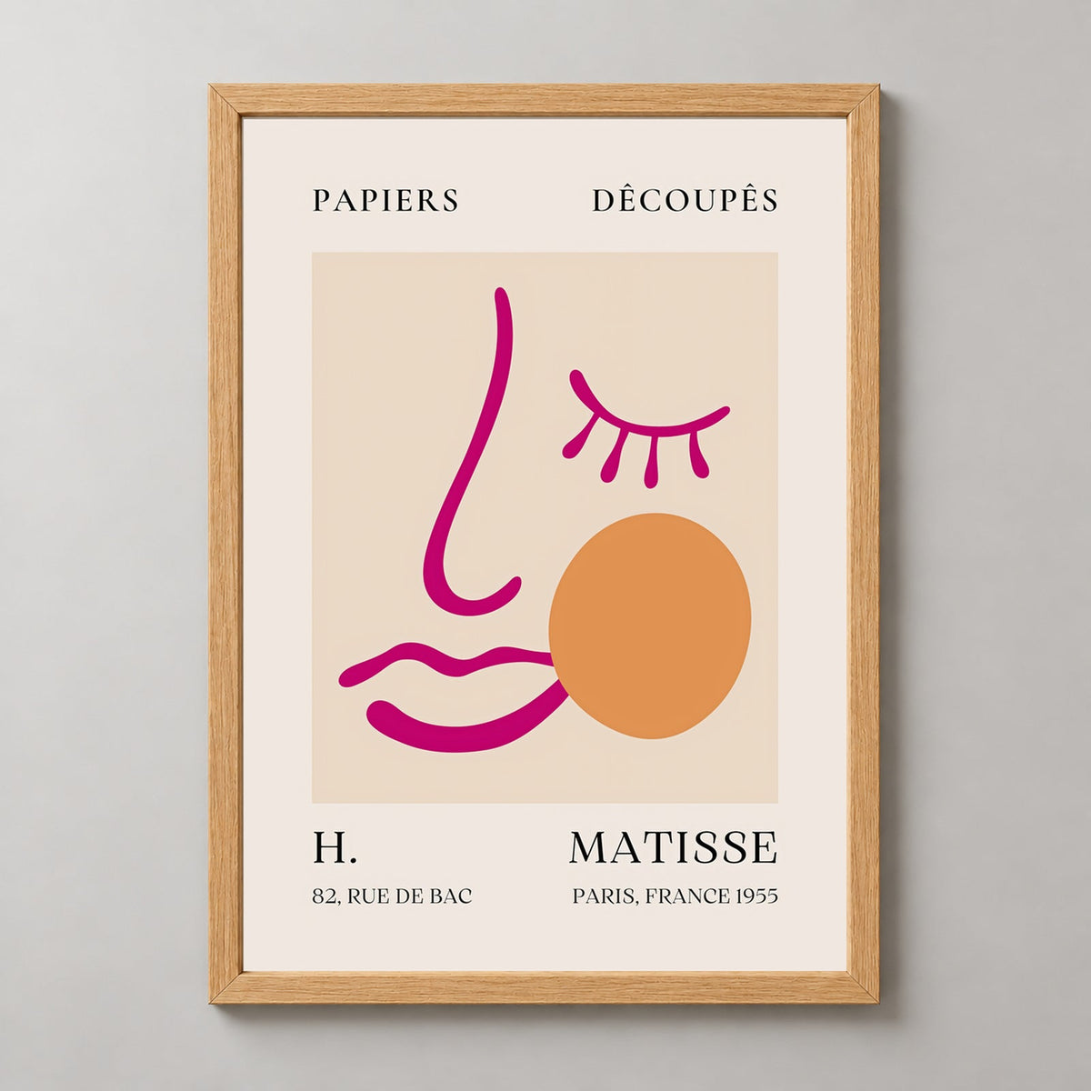 Papiers Découpés Pink Face by H. Matisse Print (1955) — realistic natural wood frame studio view