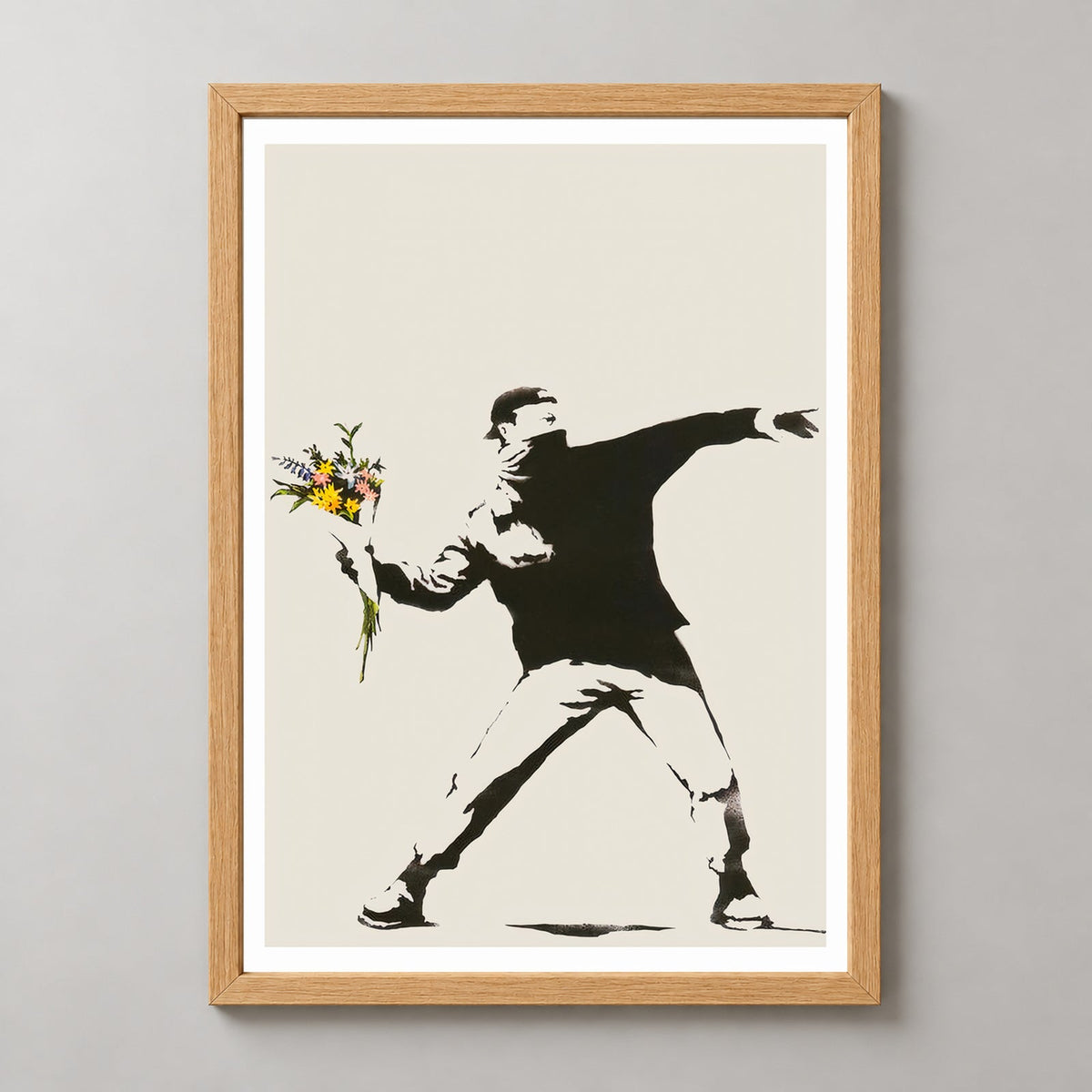 Banksy Love is in the Air (Flower Thrower), 2003 — realistic natural wood frame studio view