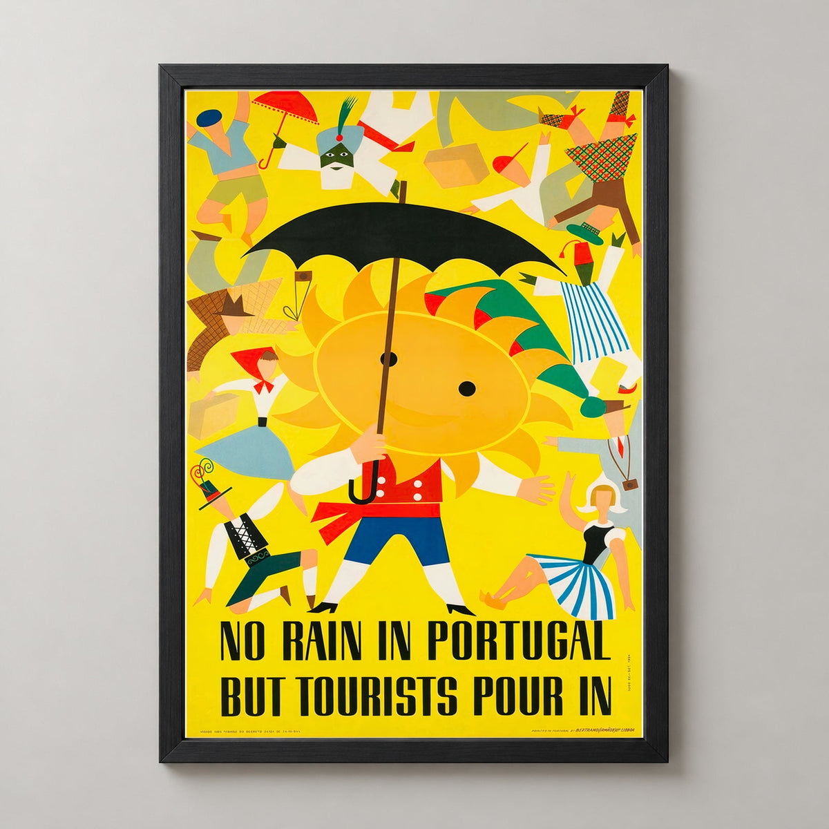 No Rain in Portugal But Tourists Pour in Vintage Travel Poster — realistic black frame studio view