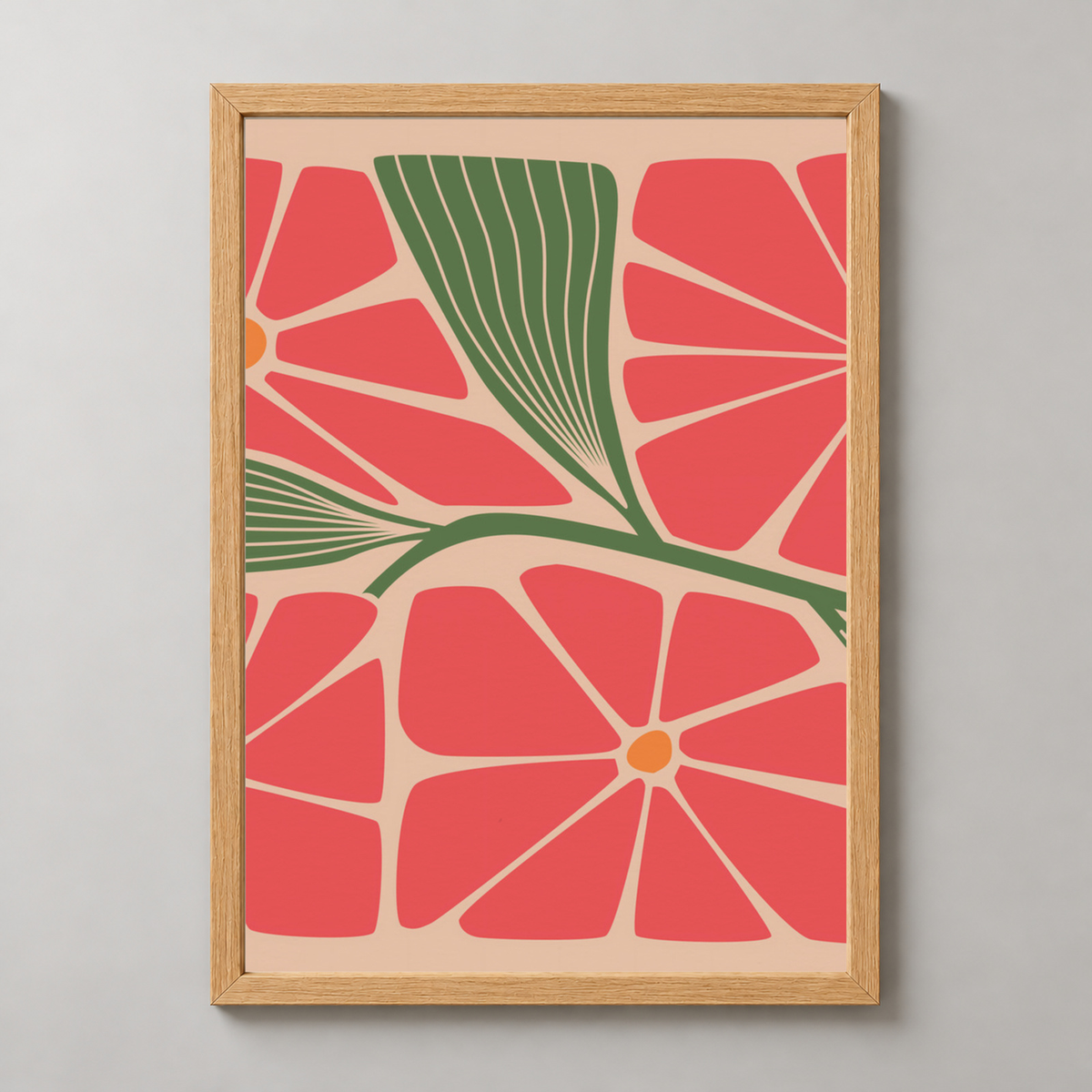 Vibrant Floral Art Print by Steve Simpson - Modern Abstract Flower Design — realistic natural wood frame studio view
