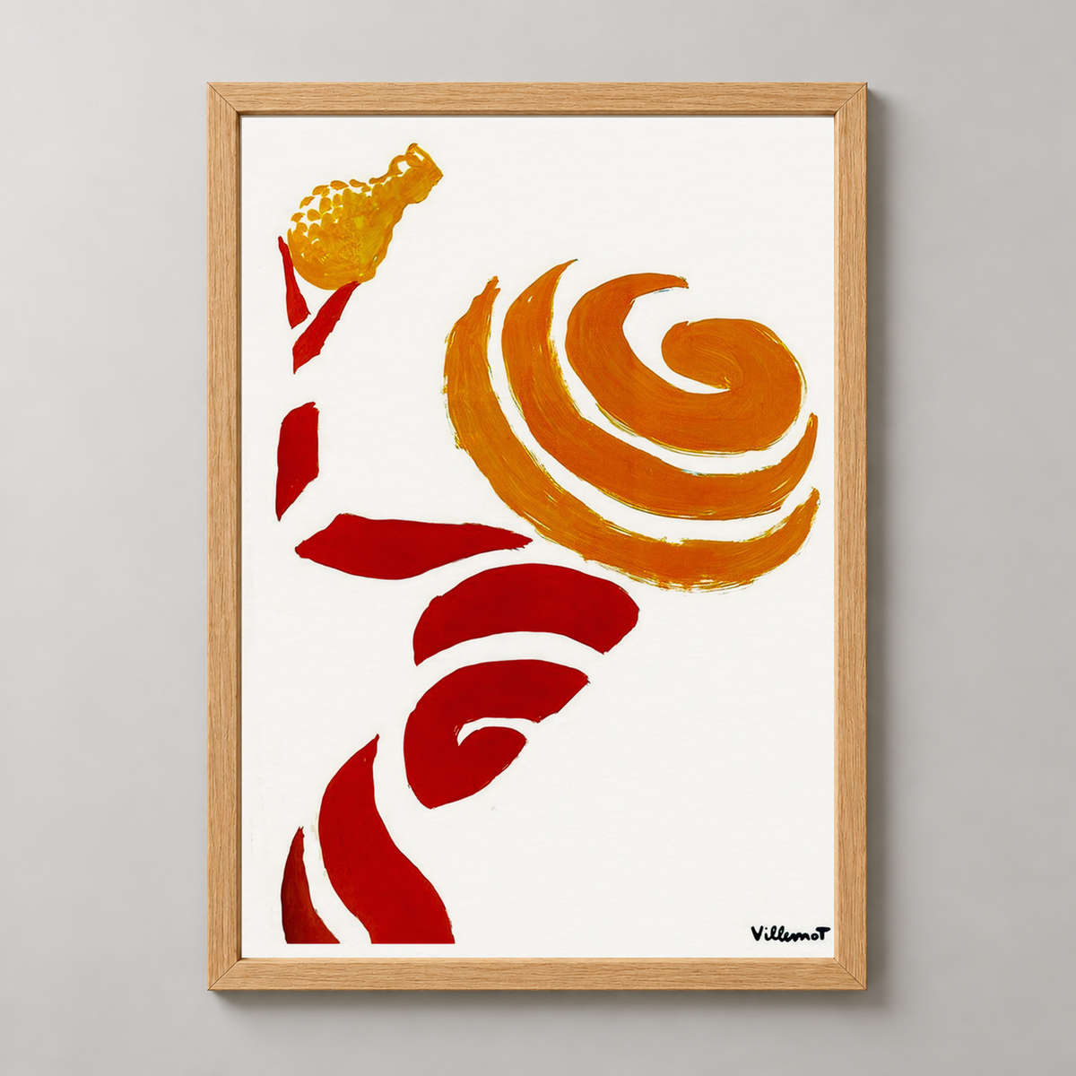 Bernard Villemot's Orange Swirl - Abstract Art Print — realistic natural wood frame studio view