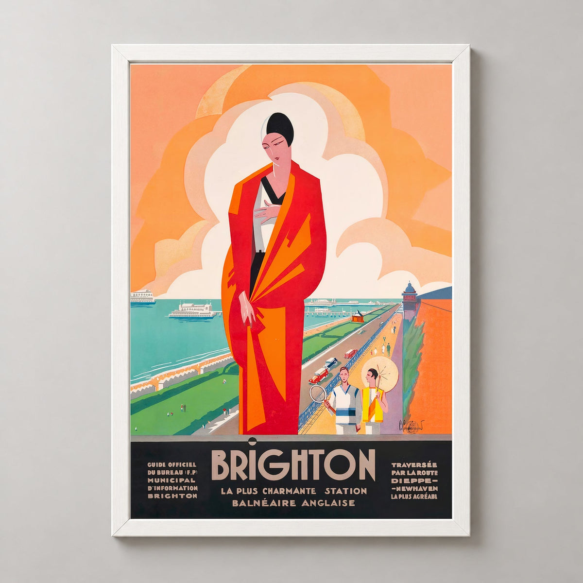 Brighton The Most Charming English Seaside Resort Vintage Travel Poster by Roger Broders — realistic white frame studio view