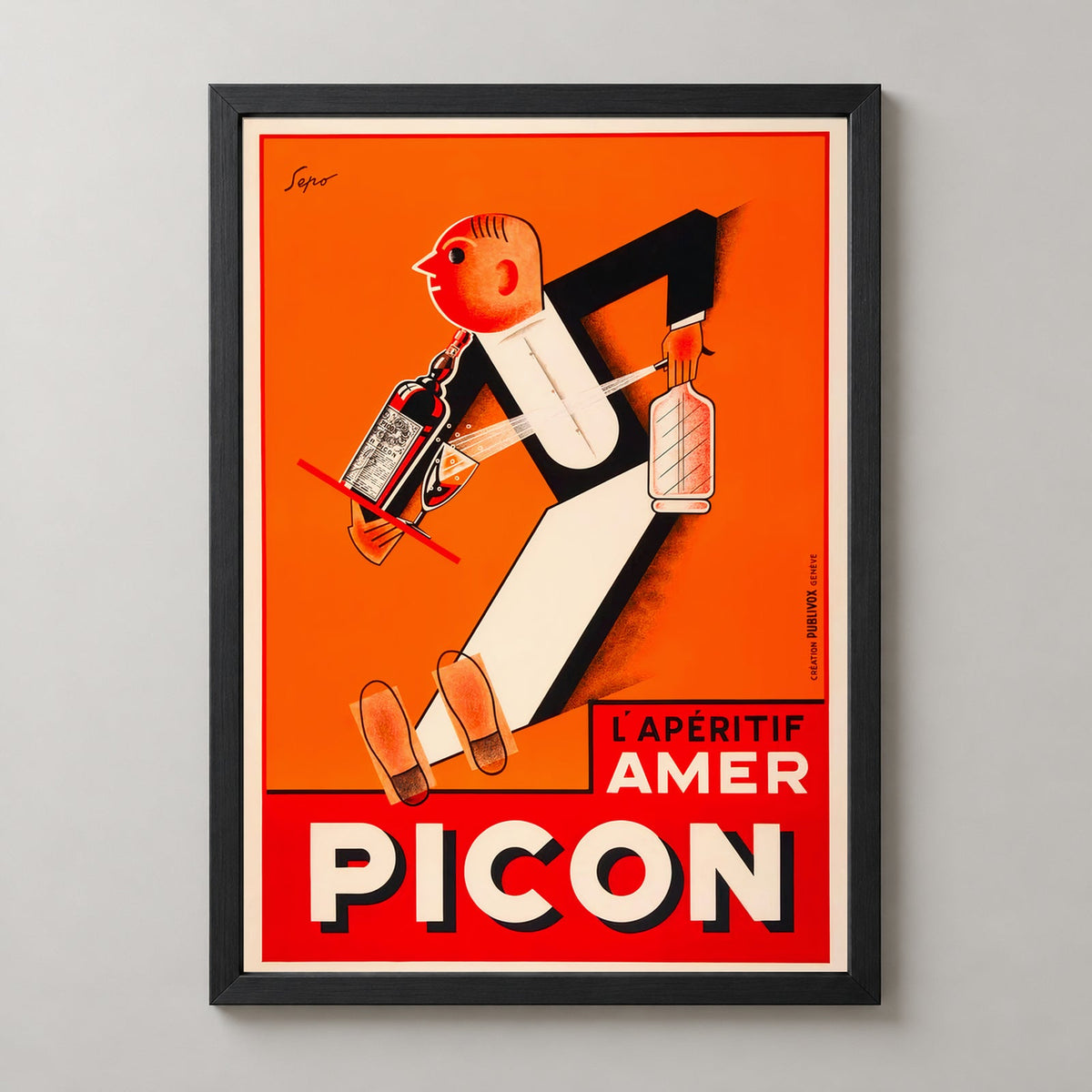 Amer Picon Waiter Vintage Advertising Poster - French Aperitif Art Print — realistic black frame studio view