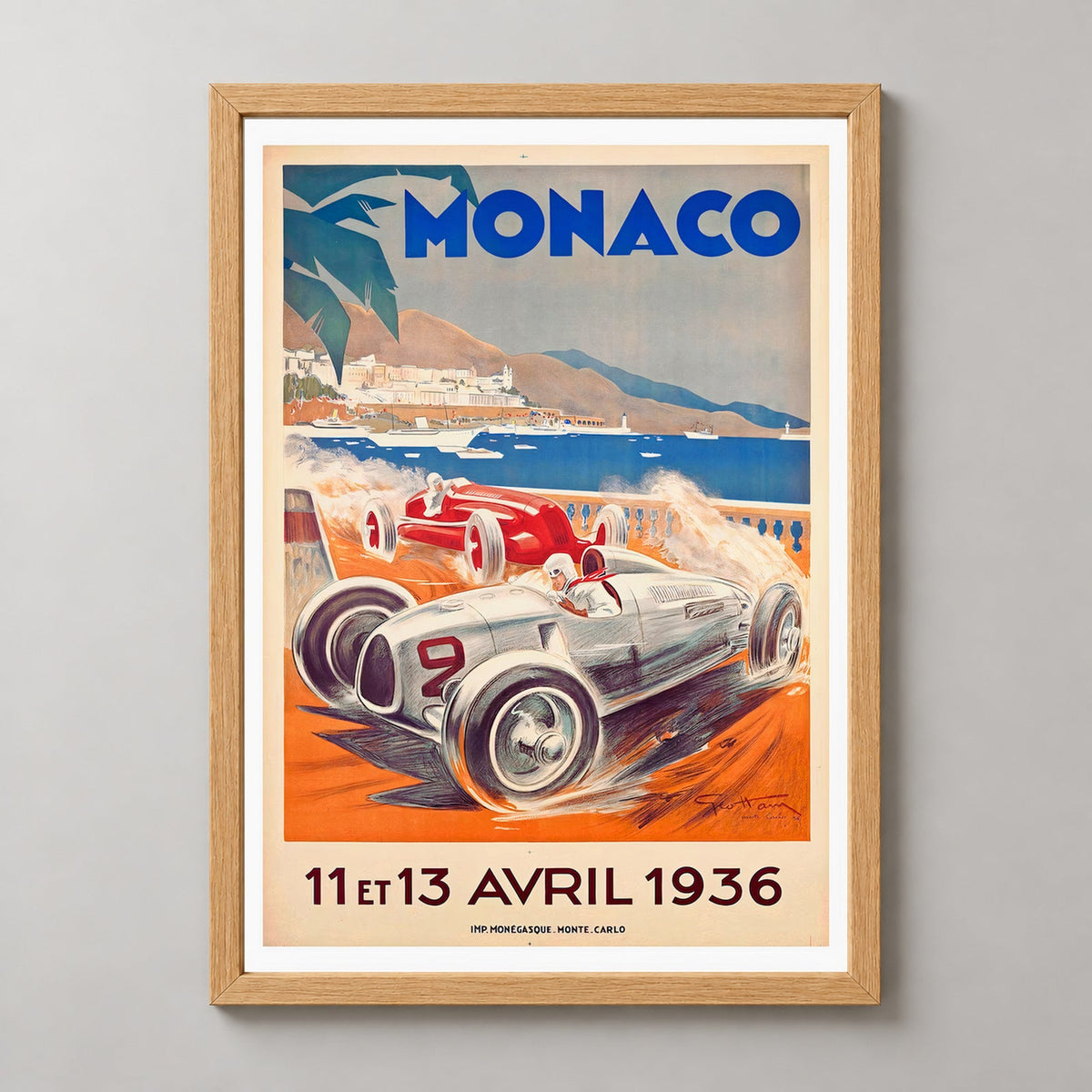 Monaco Grand Prix 1936 Vintage Racing Poster - Framed/Unframed — realistic natural wood frame studio view