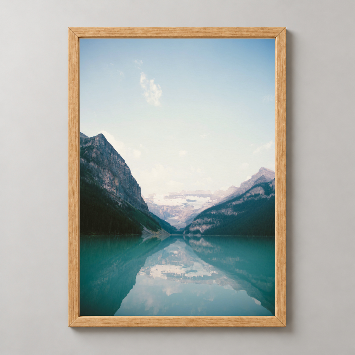 Majestic Mountain Lake Reflection - Serene Nature Photography Print — realistic natural wood frame studio view