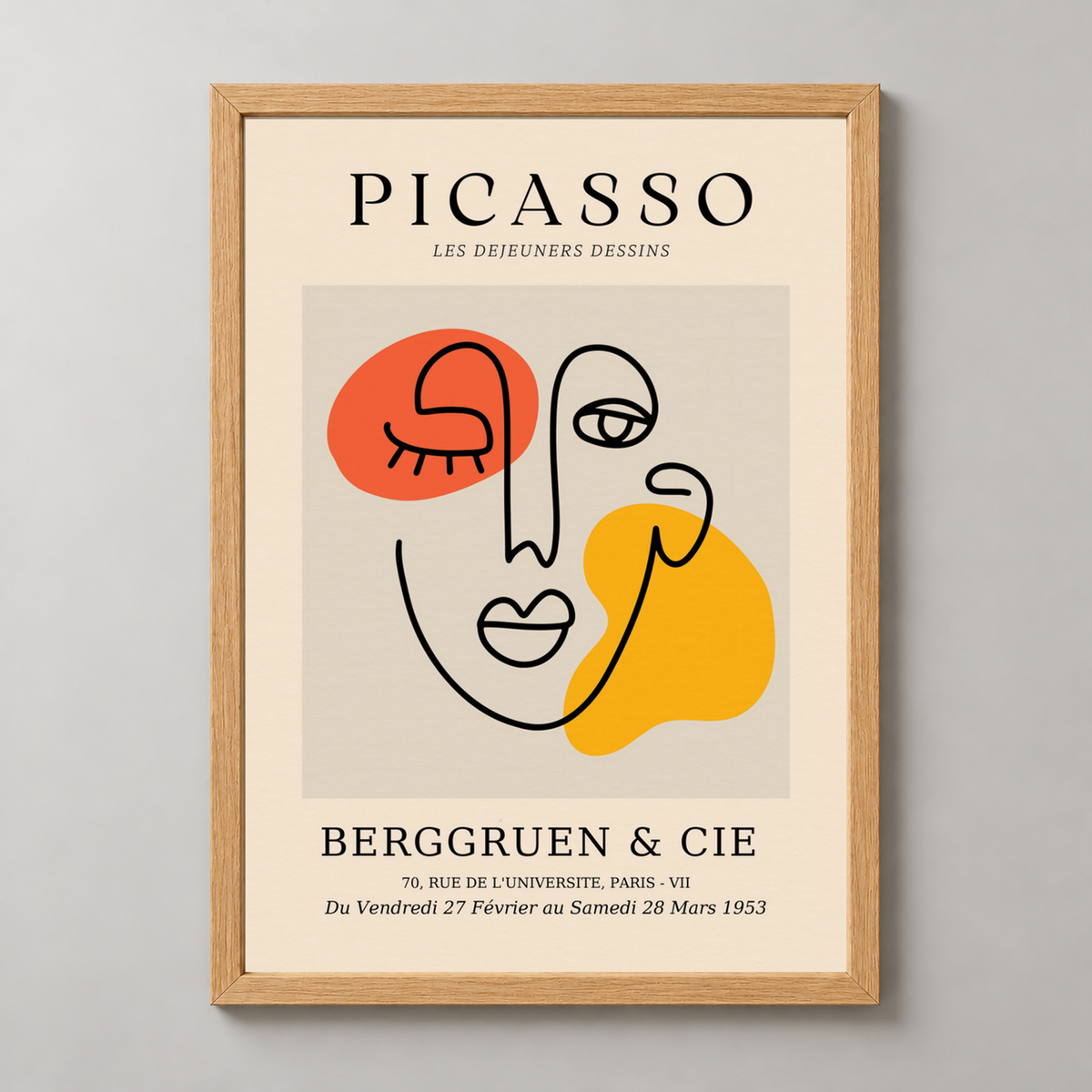 Picasso Line Art - Les Dejeuners Dessins Art Print — realistic natural wood frame studio view