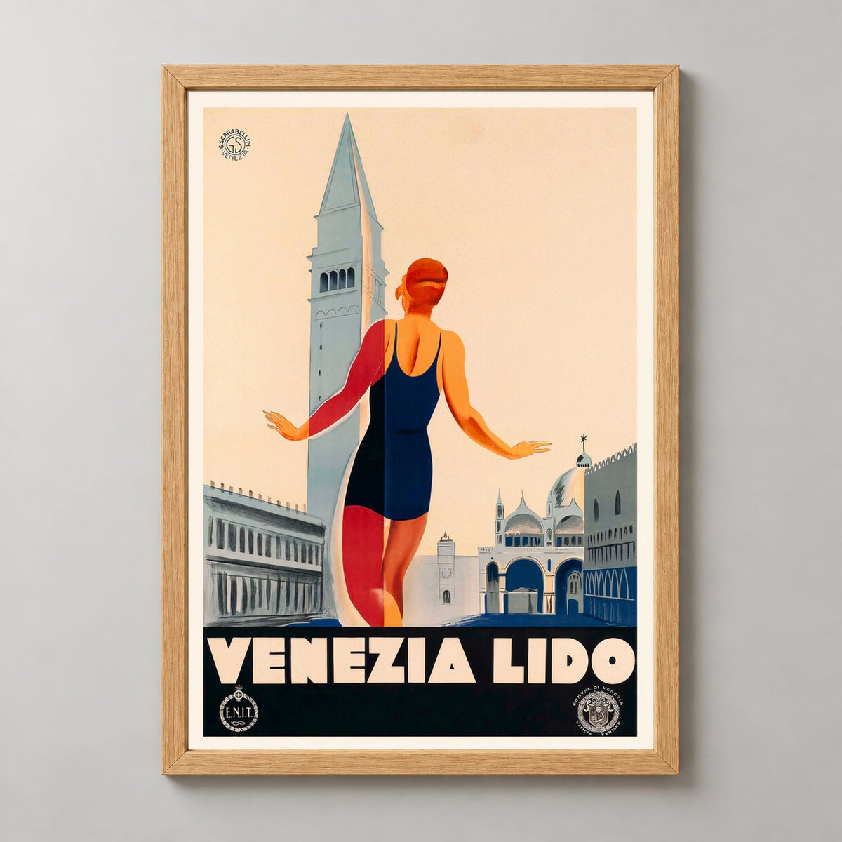Venezia Lido Italy Vintage Travel Poster - Framed/Unframed — realistic natural wood frame studio view