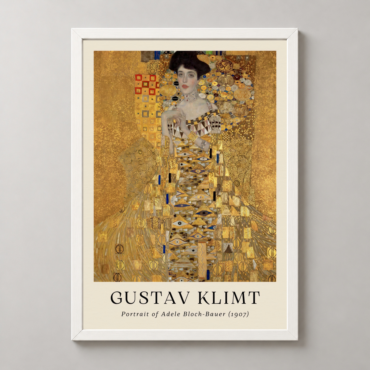 Gustav Klimt's Portrait of Adele Bloch-Bauer - Iconic Art Nouveau Masterpiece — realistic white frame studio view