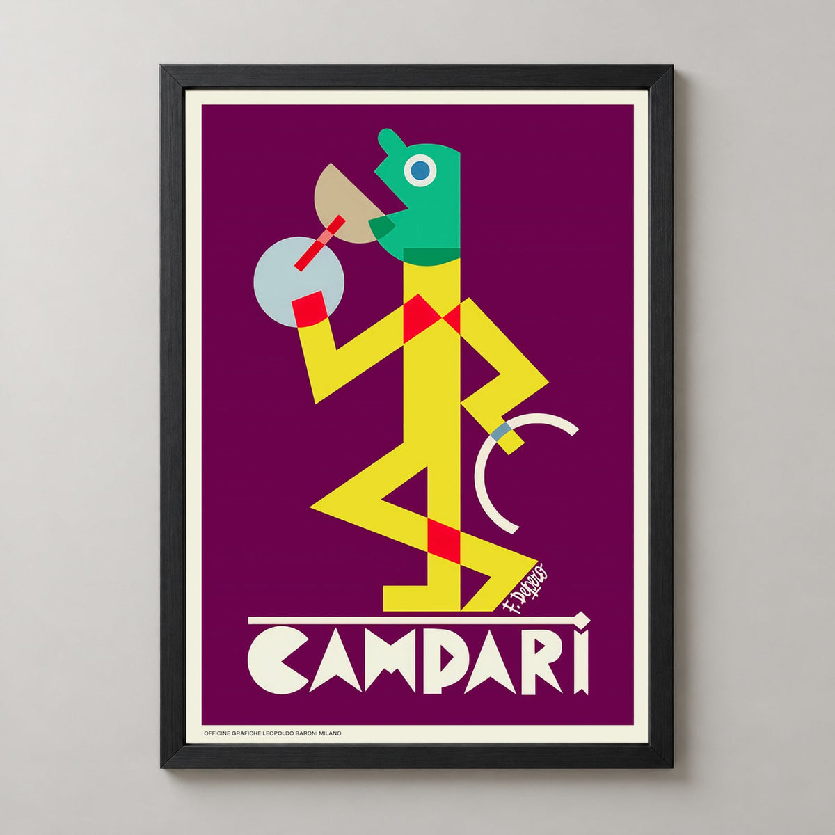 Campari Viola by Fortunato Depero (1928) Vintage Advertising Poster — realistic black frame studio view