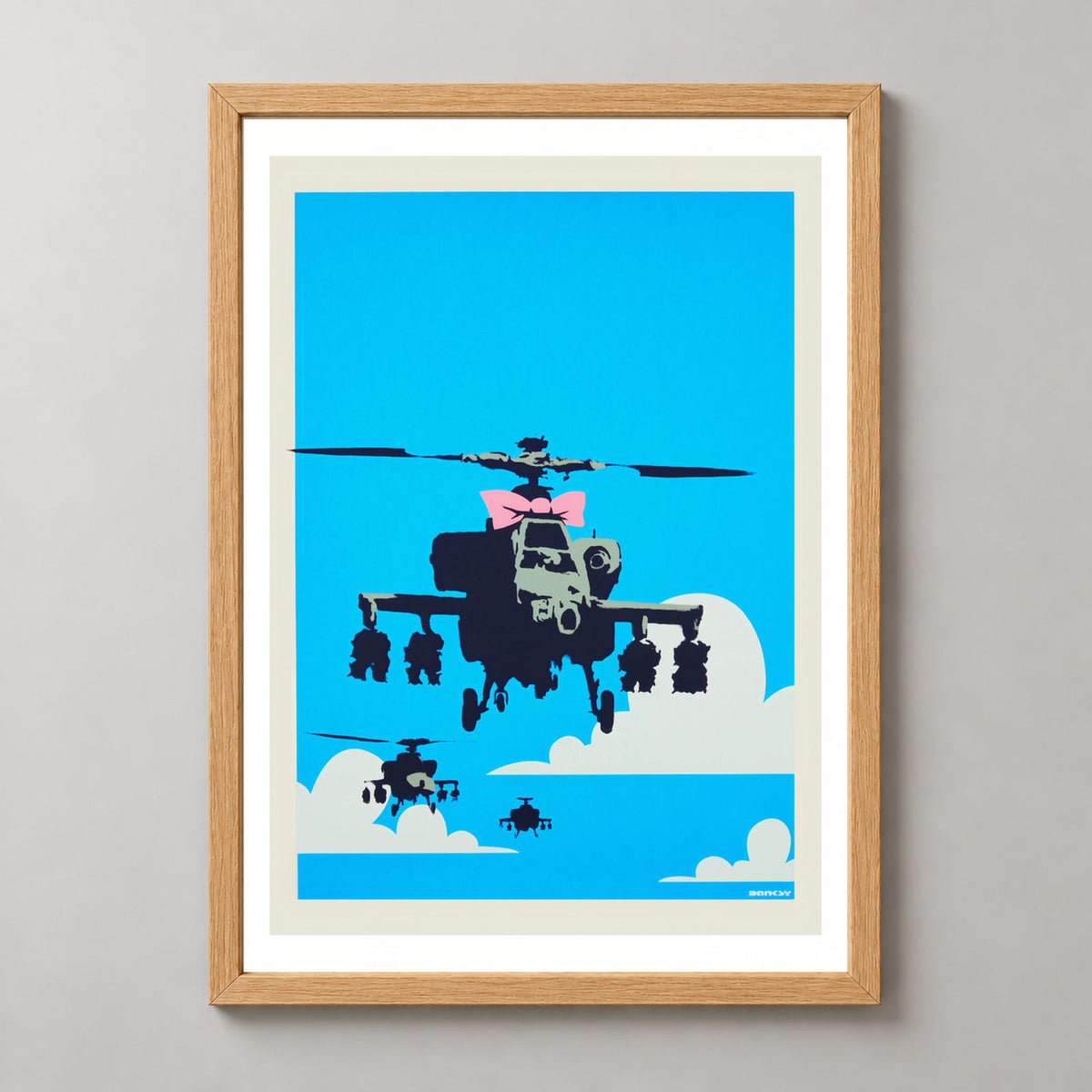 Banksy Happy Choppers, 2003 — realistic natural wood frame studio view