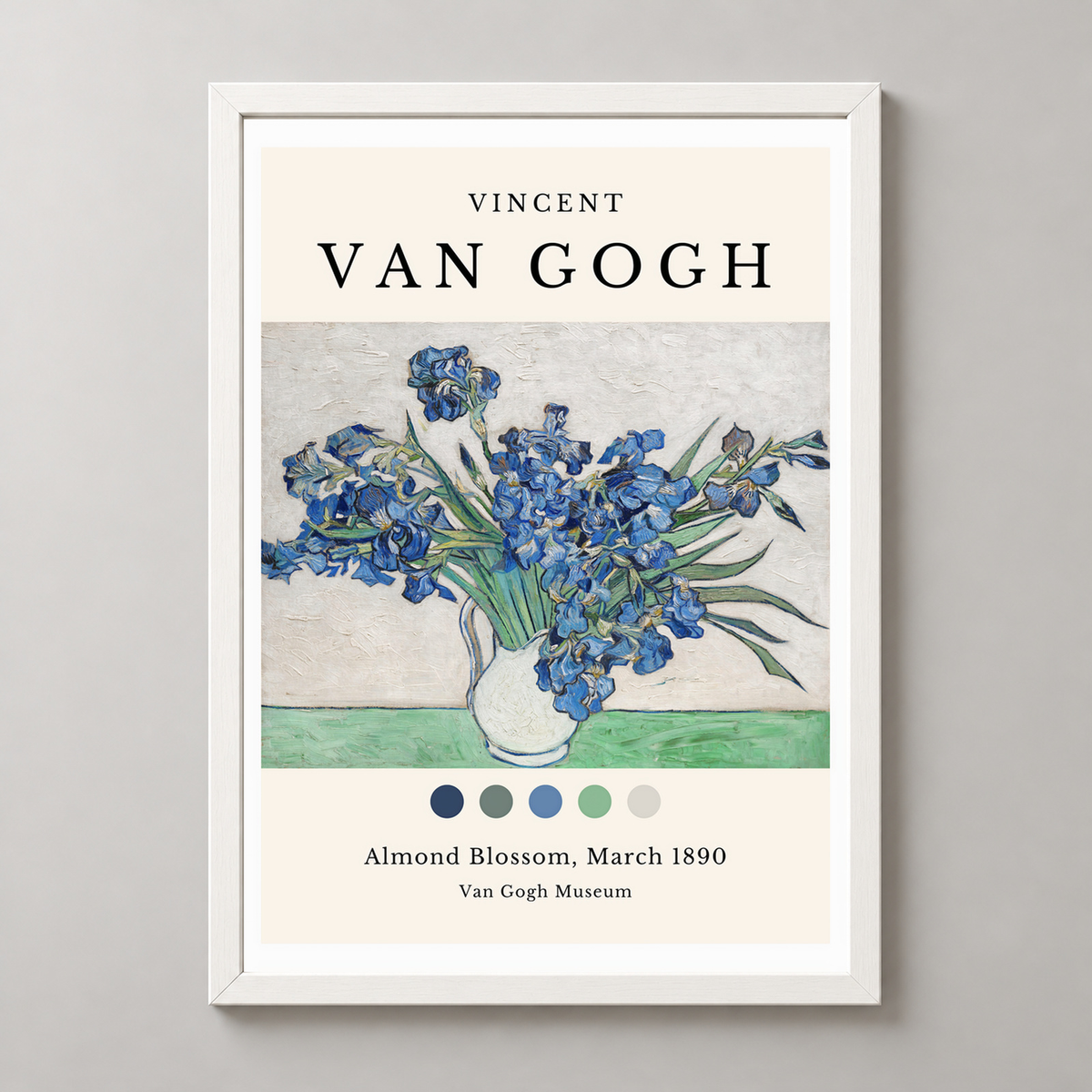 Van Gogh's Irises in Vase - Iconic Post-Impressionist Art Print — realistic white frame studio view
