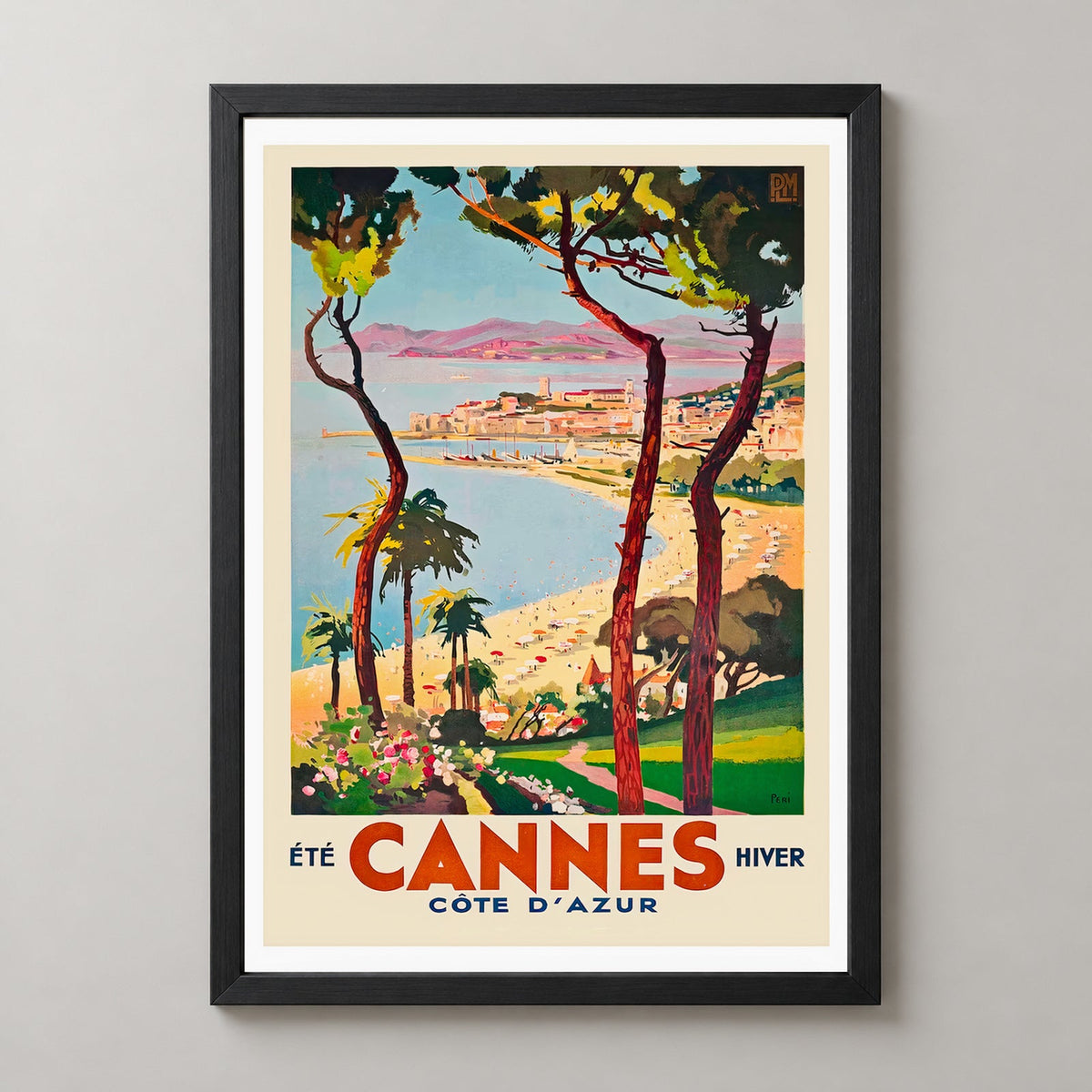 French Vintage Travel Poster - Cannes Côte d'Azur, France — realistic black frame studio view