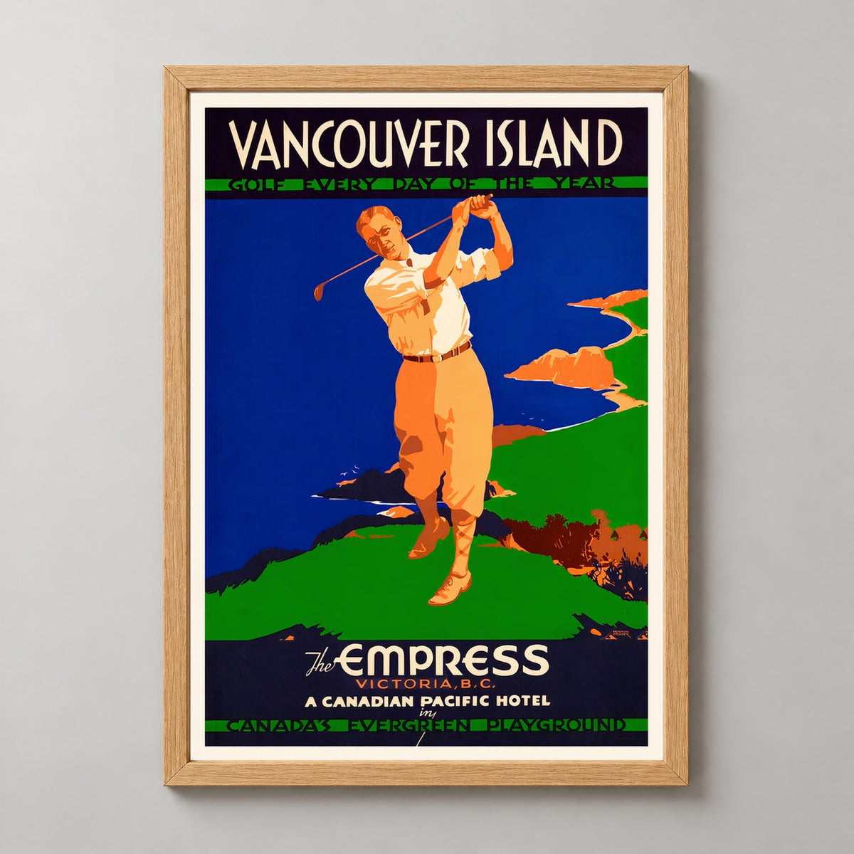 Vancouver Island Golf Every Day Vintage Travel Poster — realistic natural wood frame studio view