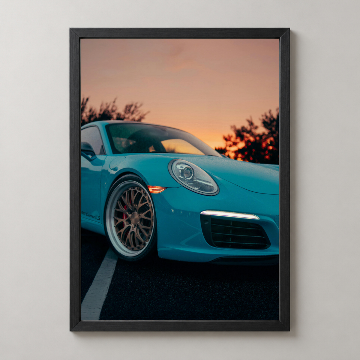 Blue Sports Car at Sunset - Modern Automotive Art Print — realistic black frame studio view