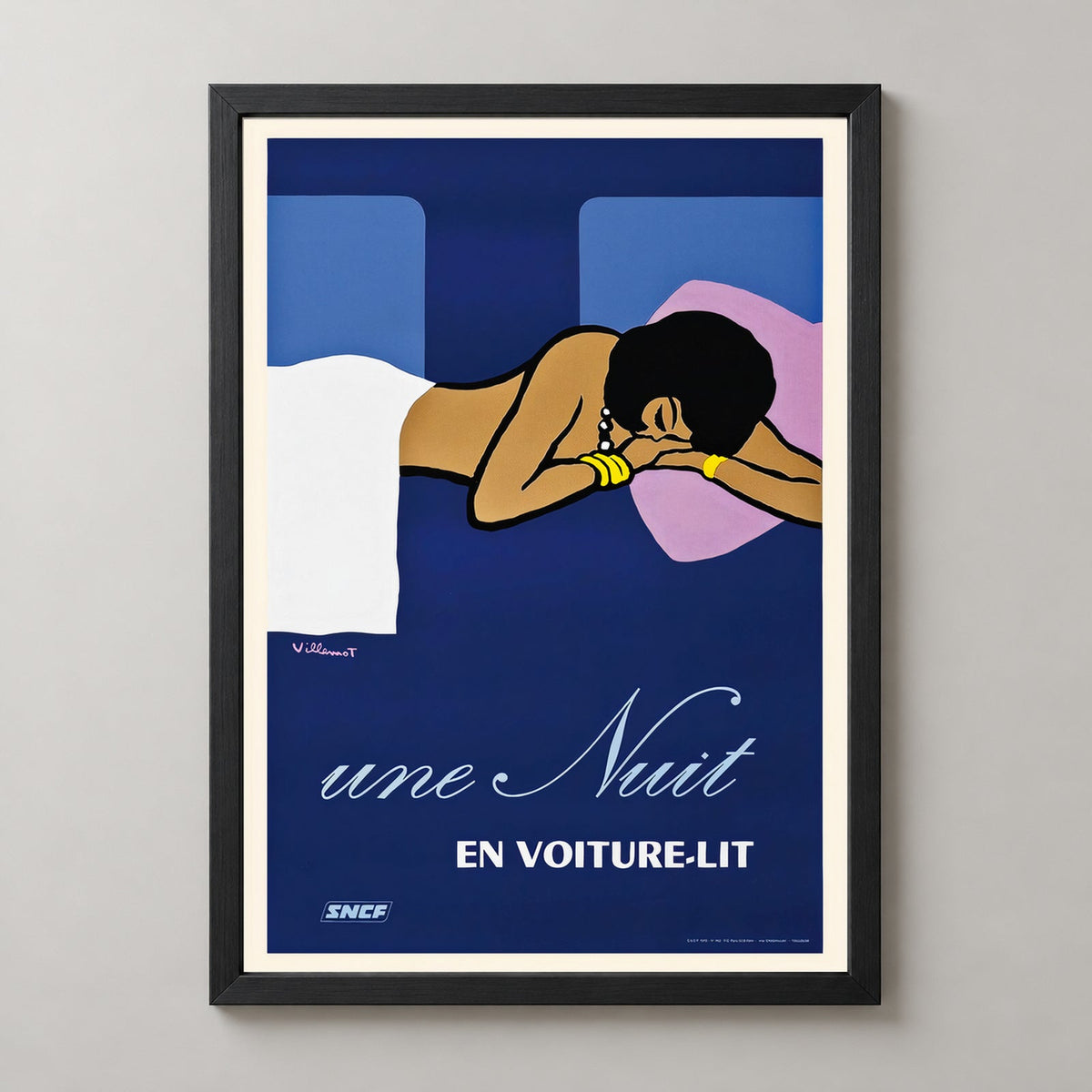 Vintage French National Railways Sleeper Car Train Travel Poster — realistic black frame studio view