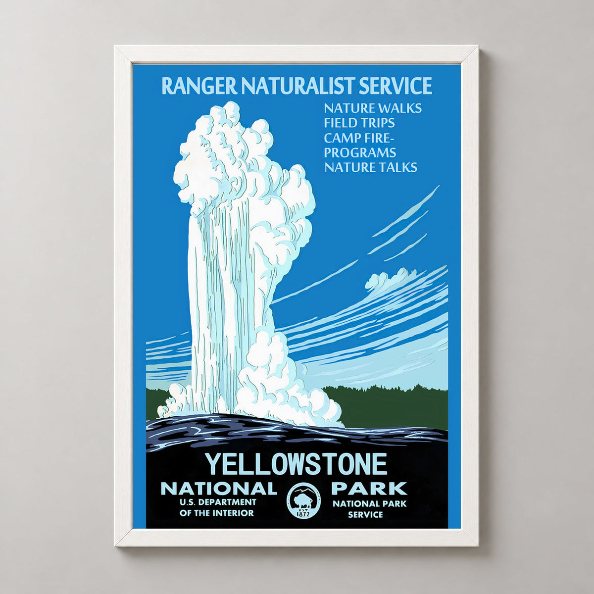 Yellowstone National Park Old Faithful Vintage Travel Poster 1938 — realistic white frame studio view