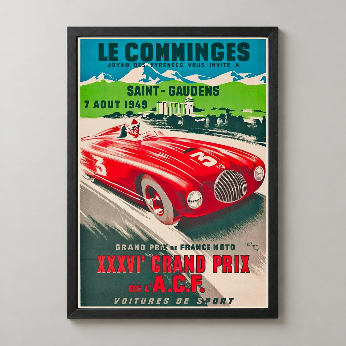 XXXVI Grand Prix of the ACF at Comminges France Vintage Racing Poster — realistic black frame studio view