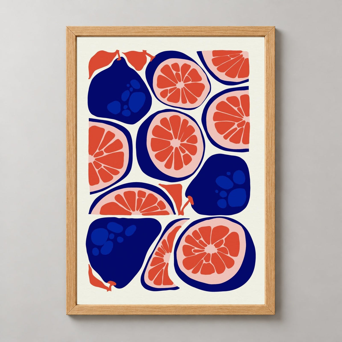 Pear Grapefruit | Abstract Fruit Collection | Kitchen Wall Art — realistic natural wood frame studio view