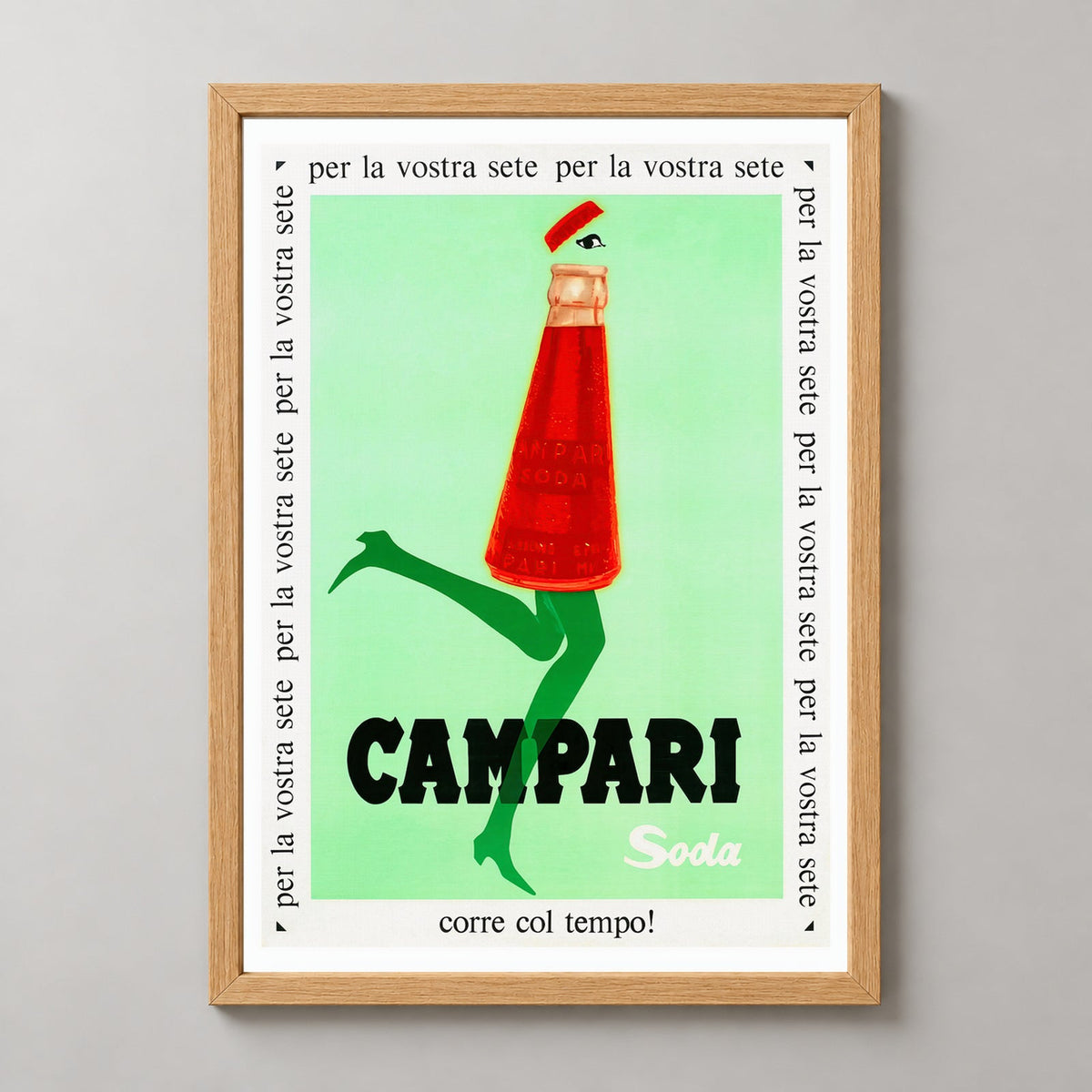 Campari Soda Italy 1968 Vintage Poster - Vintage Campari Poster — realistic natural wood frame studio view