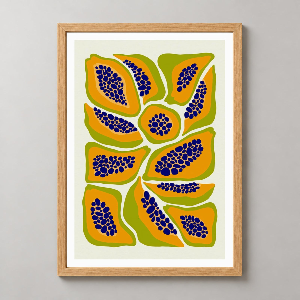 Papaya Print  | Abstract Fruit Collection | Kitchen Wall Art — realistic natural wood frame studio view