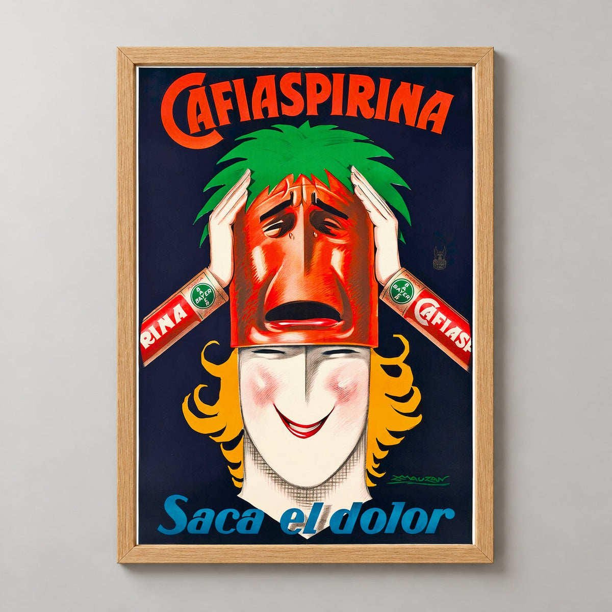 Cafiaspirina Saca el Dolor Vintage Advertising Poster — realistic natural wood frame studio view
