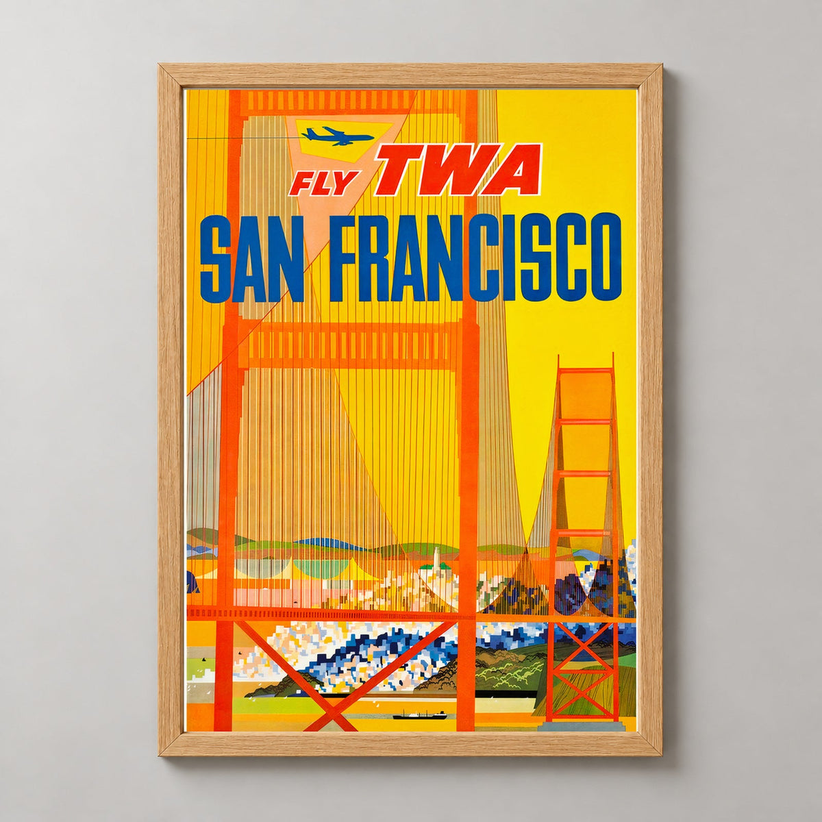 San Francisco United States Airline Vintage Travel Poster — realistic natural wood frame studio view