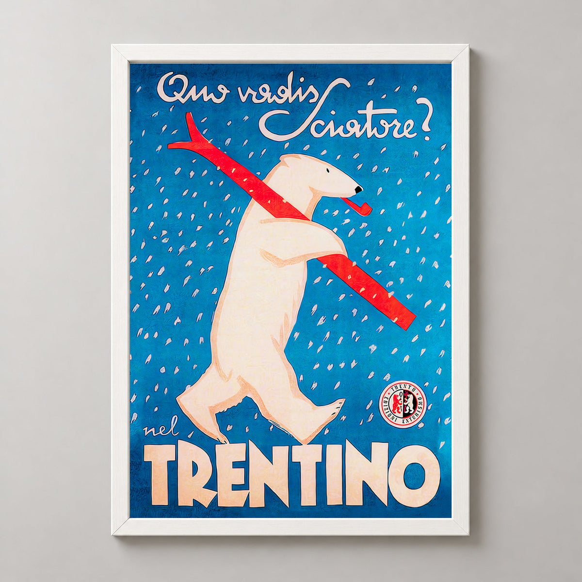 Trentino Polar Bear with Skis Vintage Advertising Poster — realistic white frame studio view