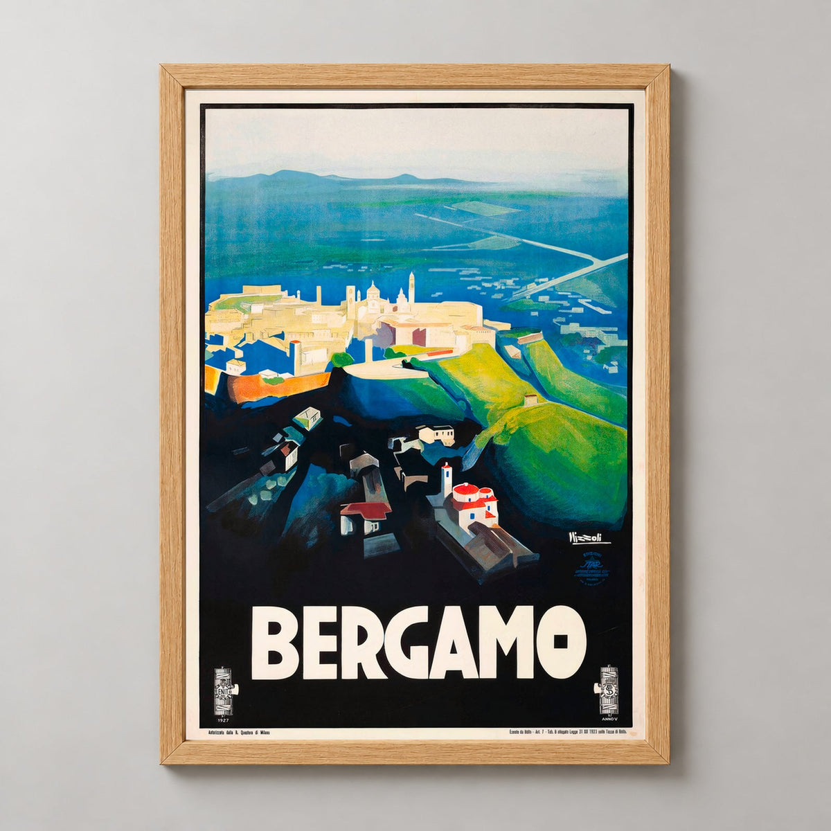 Vintage Italian Travel Poster - Bergamo Lombardy Italy — realistic natural wood frame studio view
