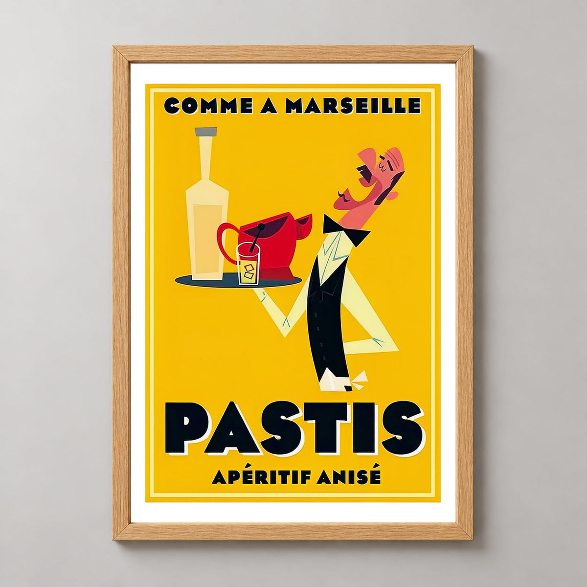 Comme et Marseilles Pastis Retro Print- French Vintage Poster — realistic natural wood frame studio view