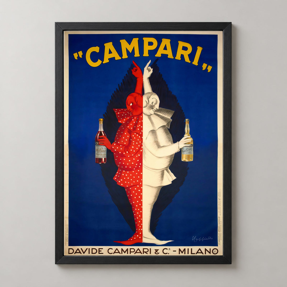 Davide Campari Clowns Red and White Art Nouveau Poster — realistic black frame studio view