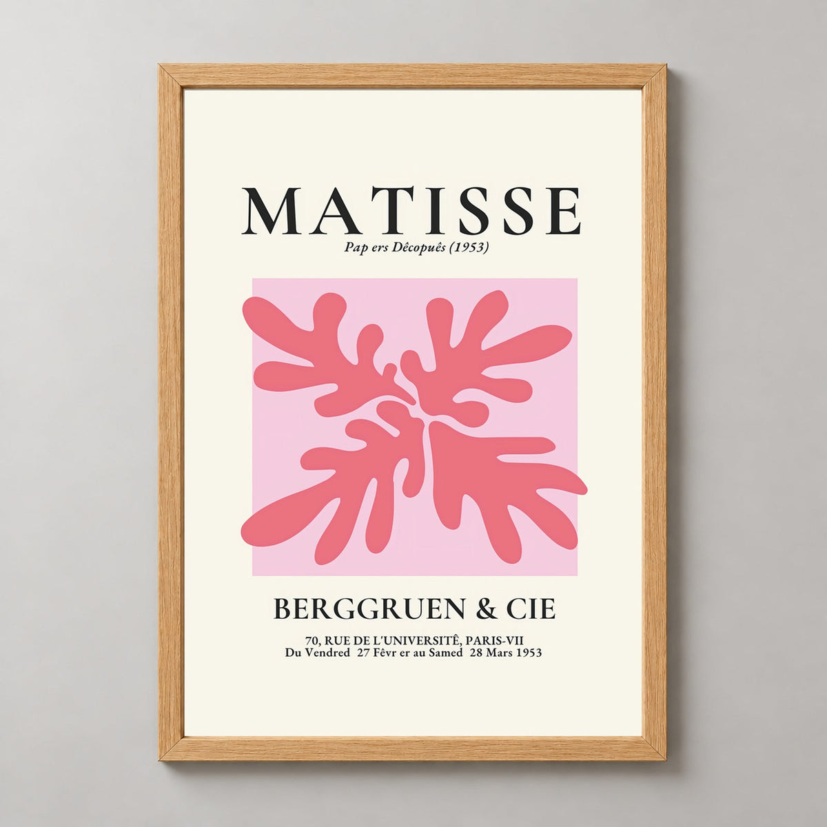 Henri Matisse Vintage Print exhibition at Berggruen & Cie (Pink II) — realistic natural wood frame studio view