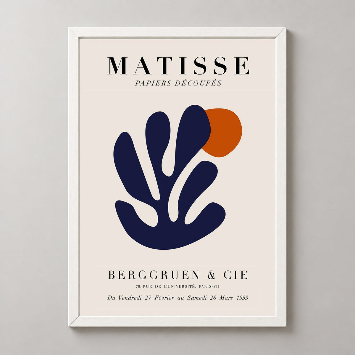 Papiers Découpés Matisse Print Navy Blue Coral — realistic white frame studio view