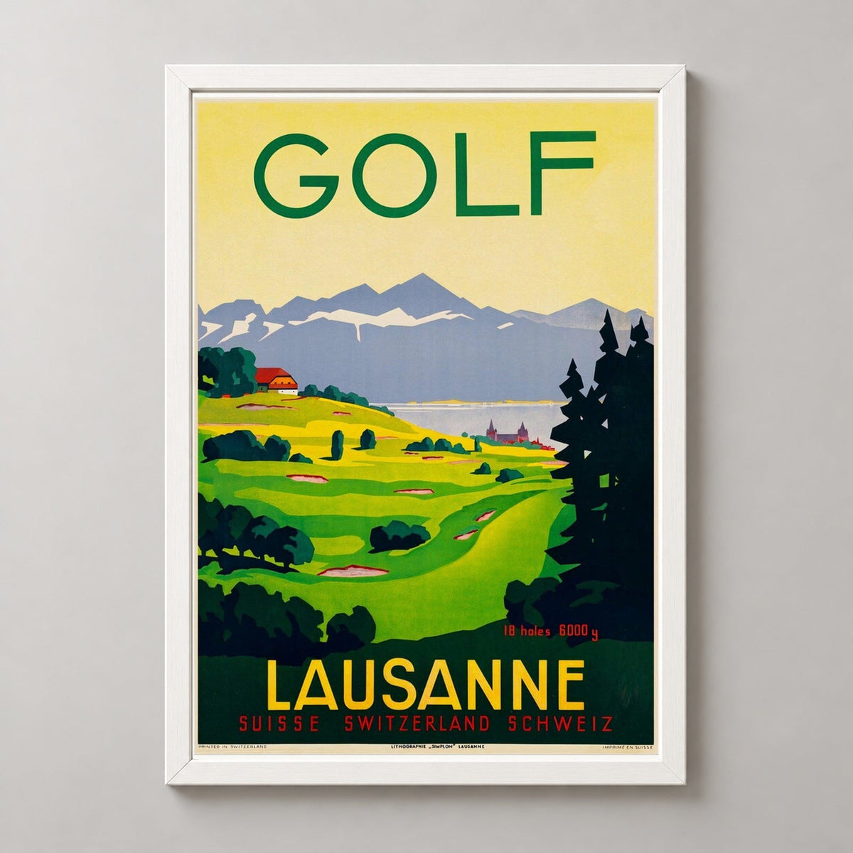 Switzerland Lausanne Vintage Golf Poster - Framed/Unframed — realistic white frame studio view