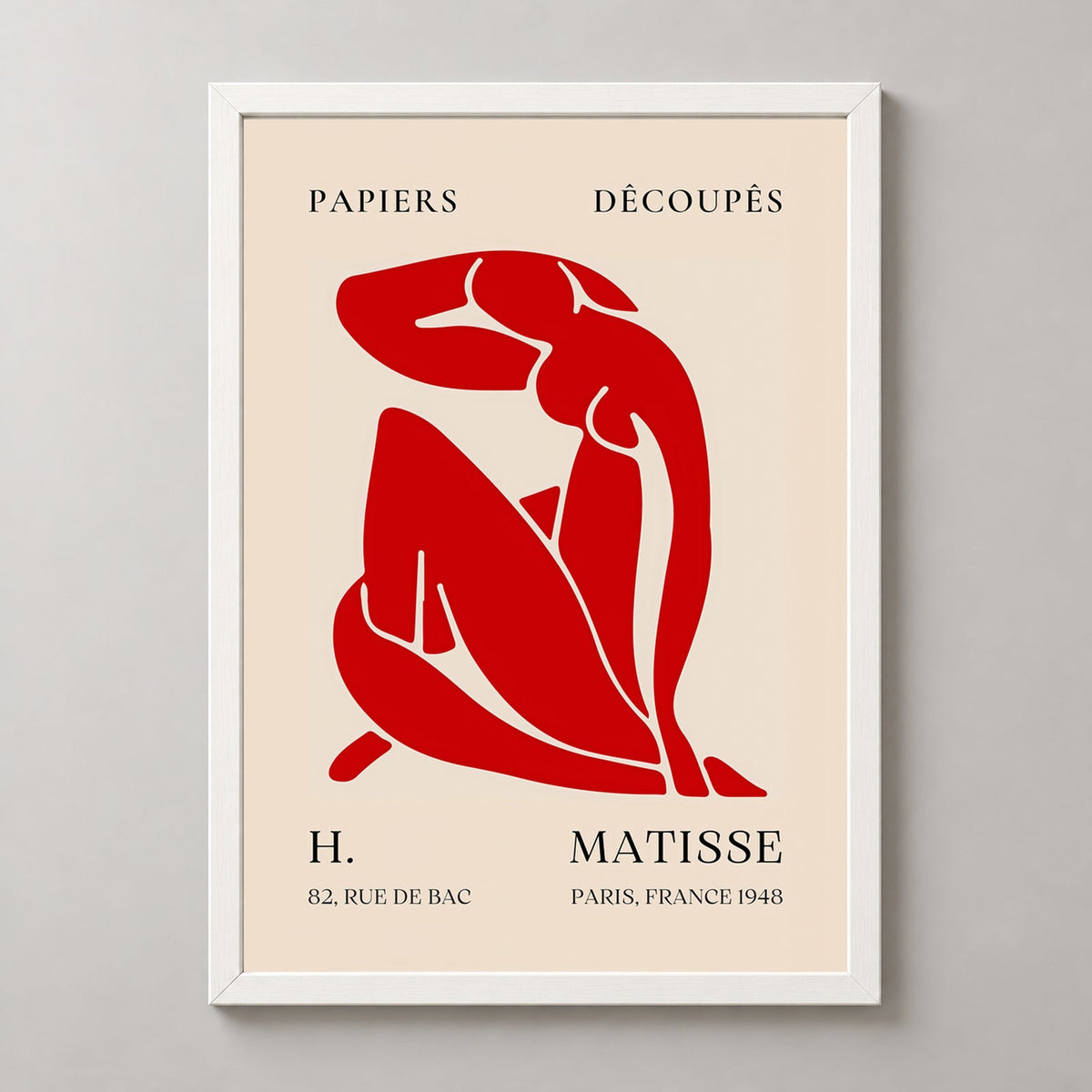 Papiers Découpés H. Matisse Print Red Silhouette (1948) — realistic white frame studio view