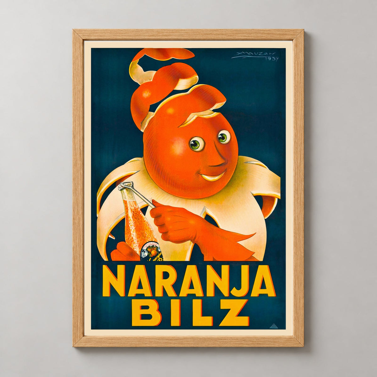 Naranja Bilz Orange Juice Vintage Advertising Poster by Achille Mauzan — realistic natural wood frame studio view