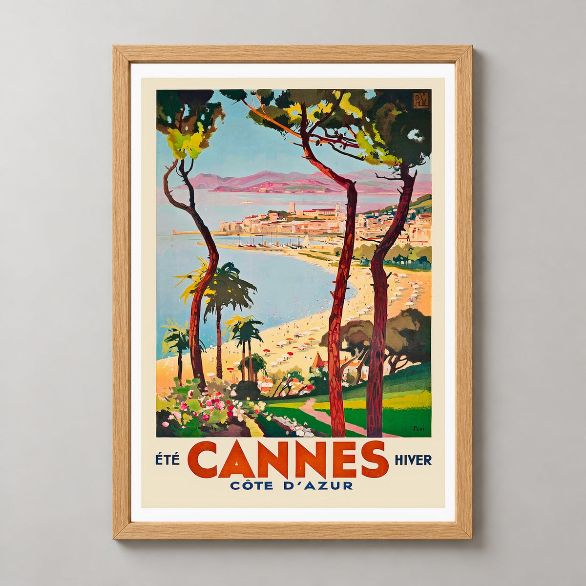 French Vintage Travel Poster - Cannes Côte d'Azur, France — realistic natural wood frame studio view