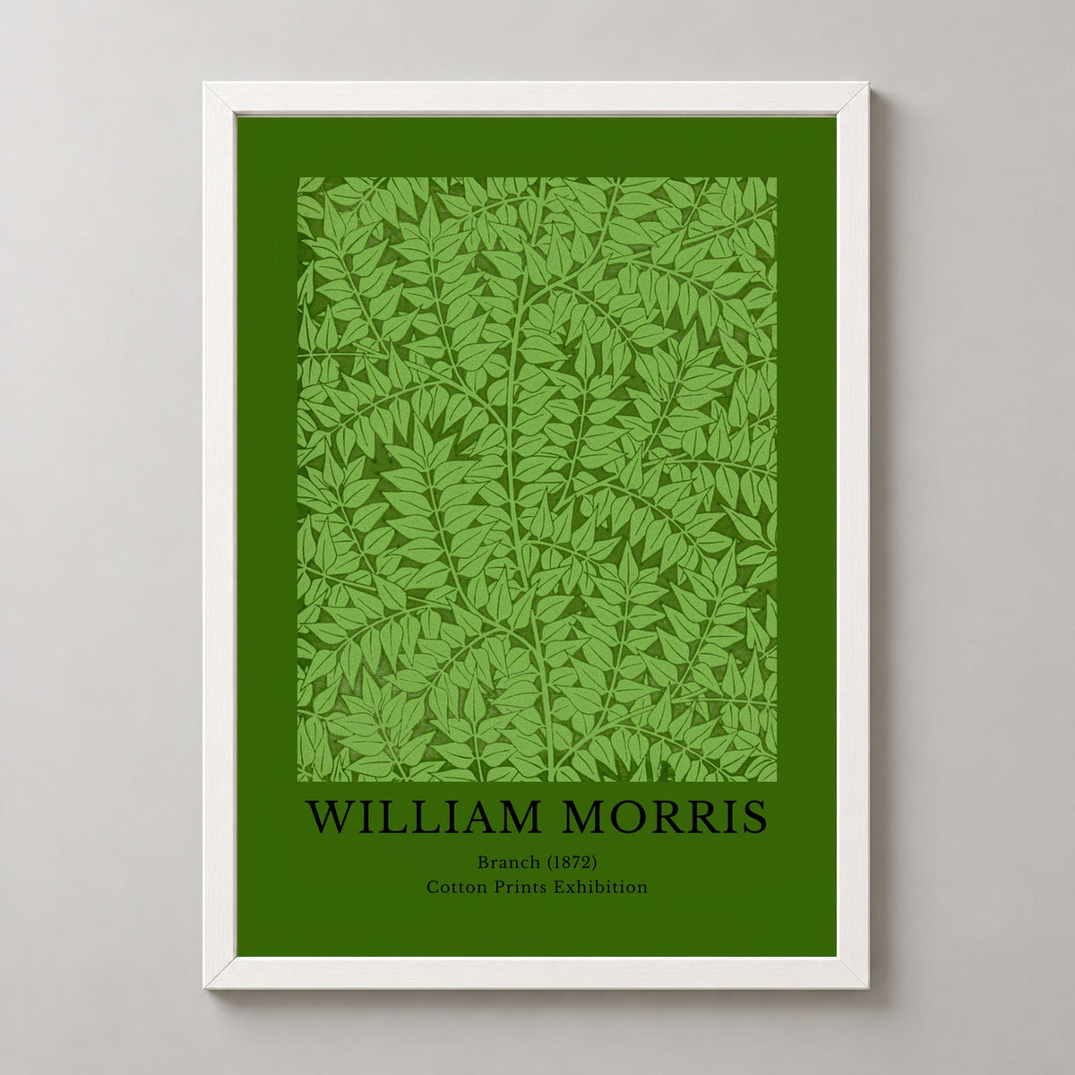 William Morris - Cotton Prints Exhibition, Branch (1872) — realistic white frame studio view