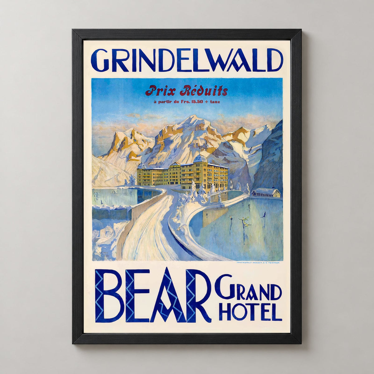 Bear Grand Hotel Grindelwald Switzerland Vintage Travel Poster — realistic black frame studio view
