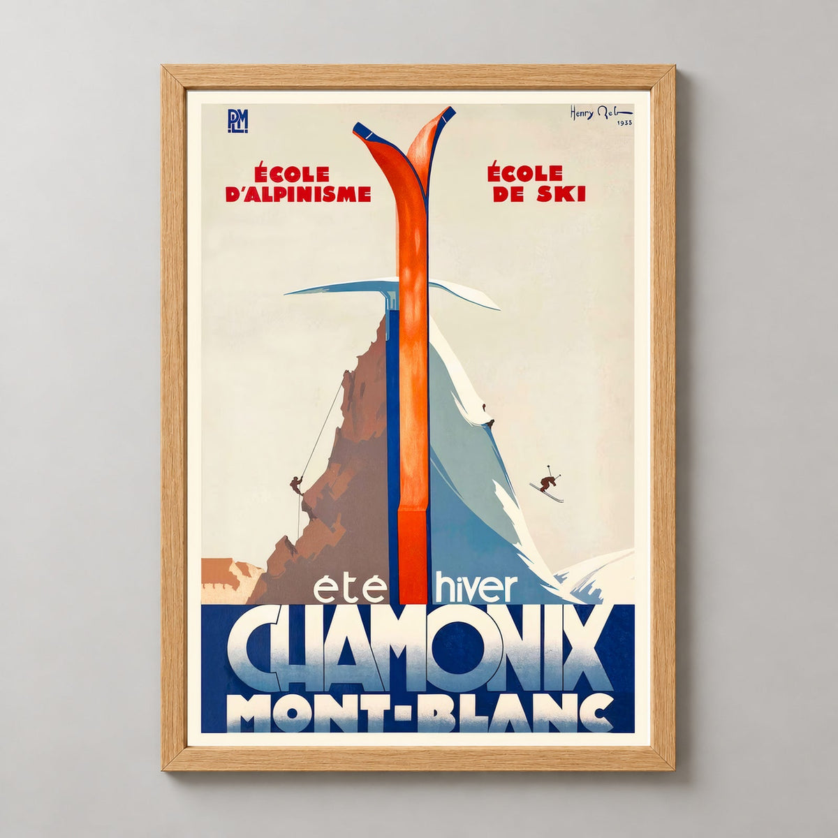 Summer and Winter Sport Chamonix Mont Blanc France Vintage Ski Poster — realistic natural wood frame studio view