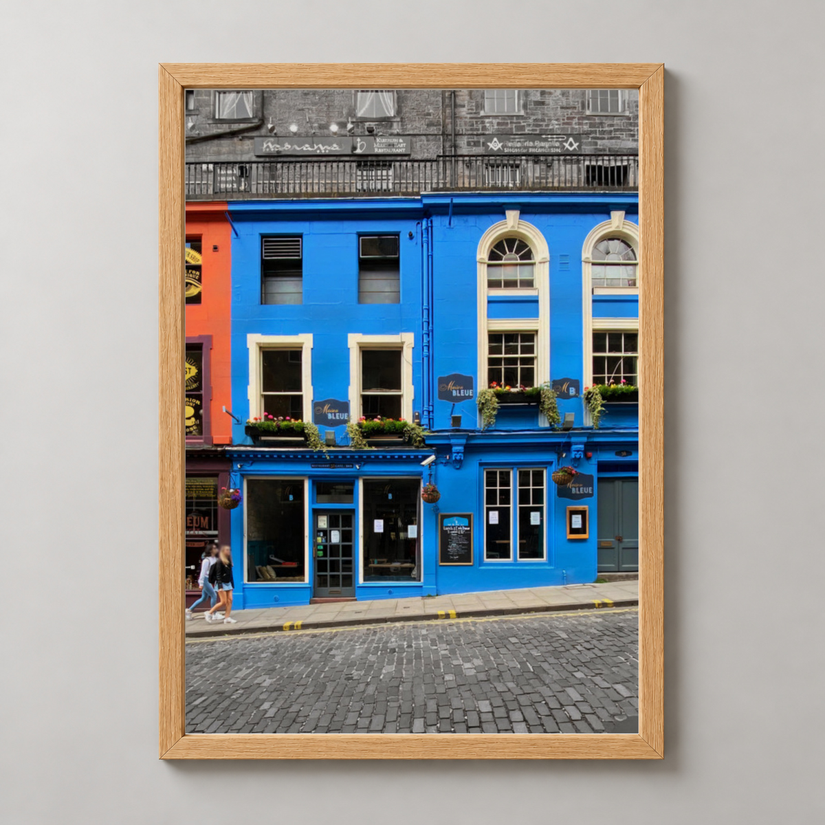 Vibrant Edinburgh Facades - Colorful Street Art Print — realistic natural wood frame studio view