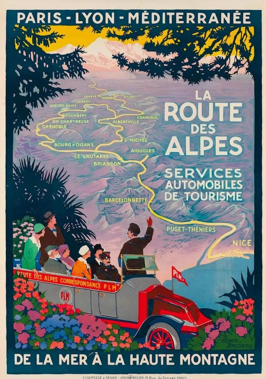 Paris Lyon Mediterranean Alps Route France Vintage Travel Poster — poster only, complete unframed artwork
