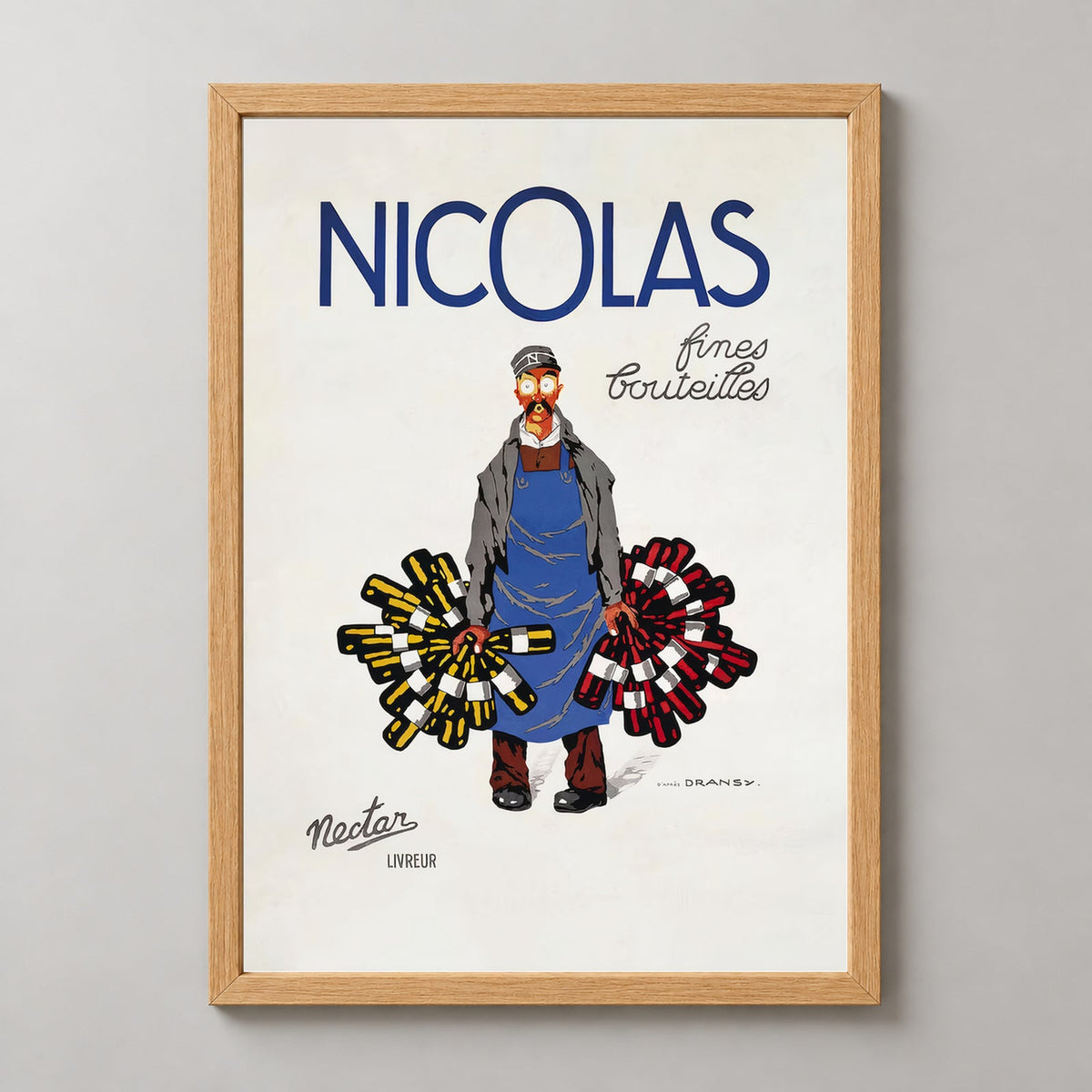 Nicolas Fine Bottles poster by Jules Isnard Dransy (1930) - French Vintage Poster — realistic natural wood frame studio view