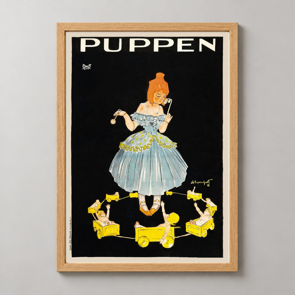 Puppen Dolls Vintage Advertising Poster - Framed/Unframed — realistic natural wood frame studio view