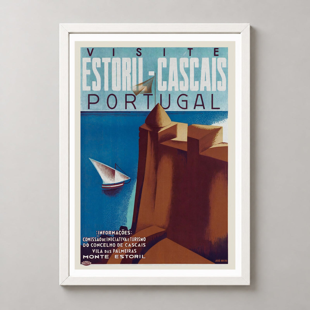 Estoril Cascais Portugal Vintage Travel Poster - Captivating Coastal Charm — realistic white frame studio view