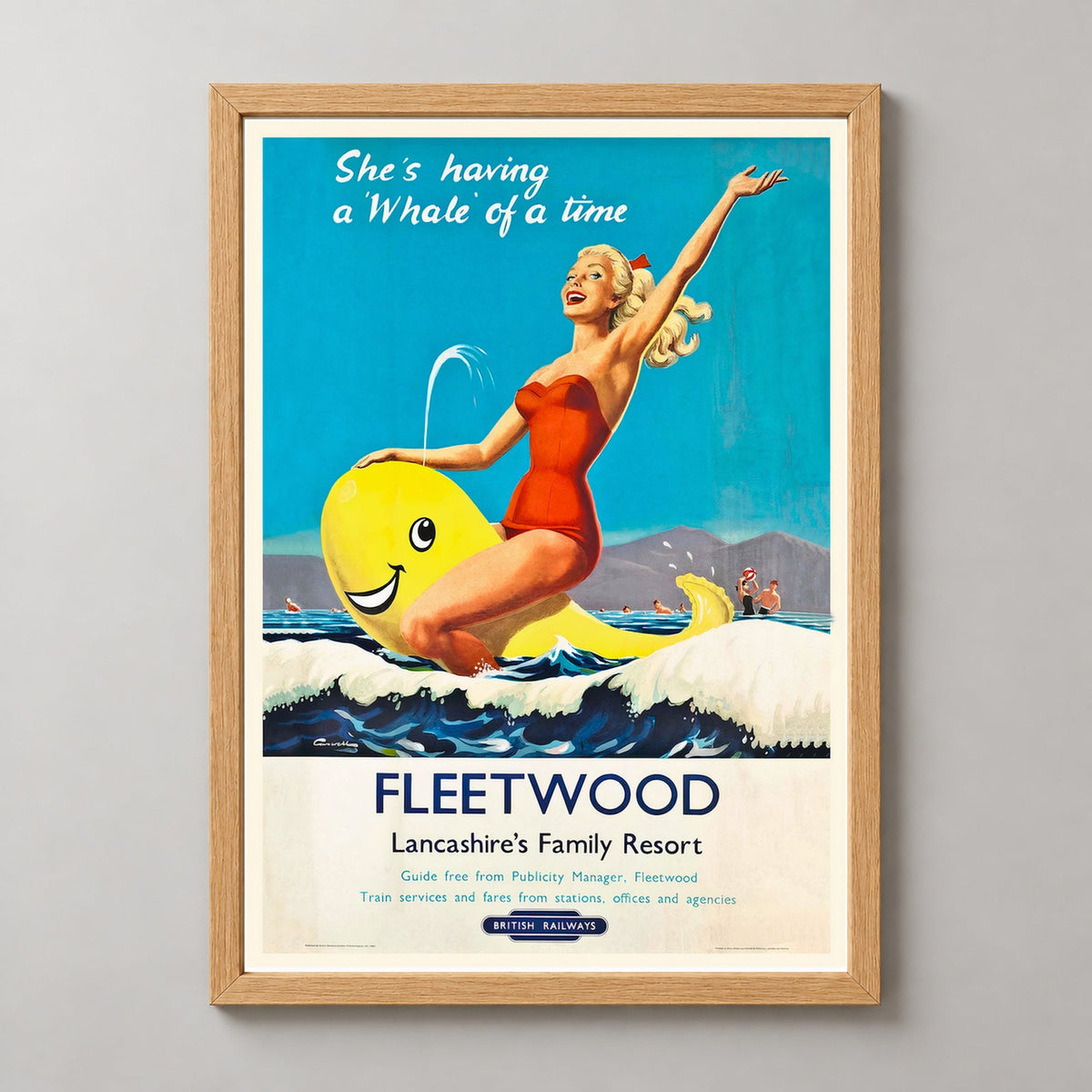 Fleetwood Lancashire's Family Resort England Vintage Travel Poster — realistic natural wood frame studio view