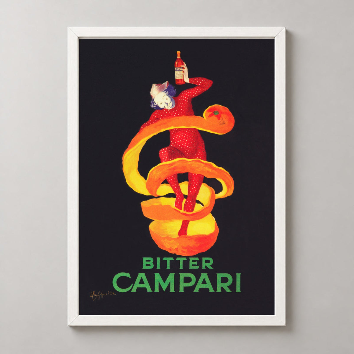 Bitter Campari Vintage Advertising Poster by Leonetto Cappiello — realistic white frame studio view